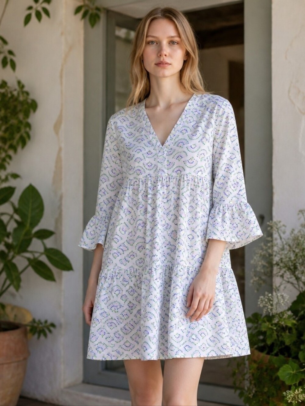 Michelle Mcdowell Tiered Trumpet Sleeve Boho Mini Dress Women's Size Large